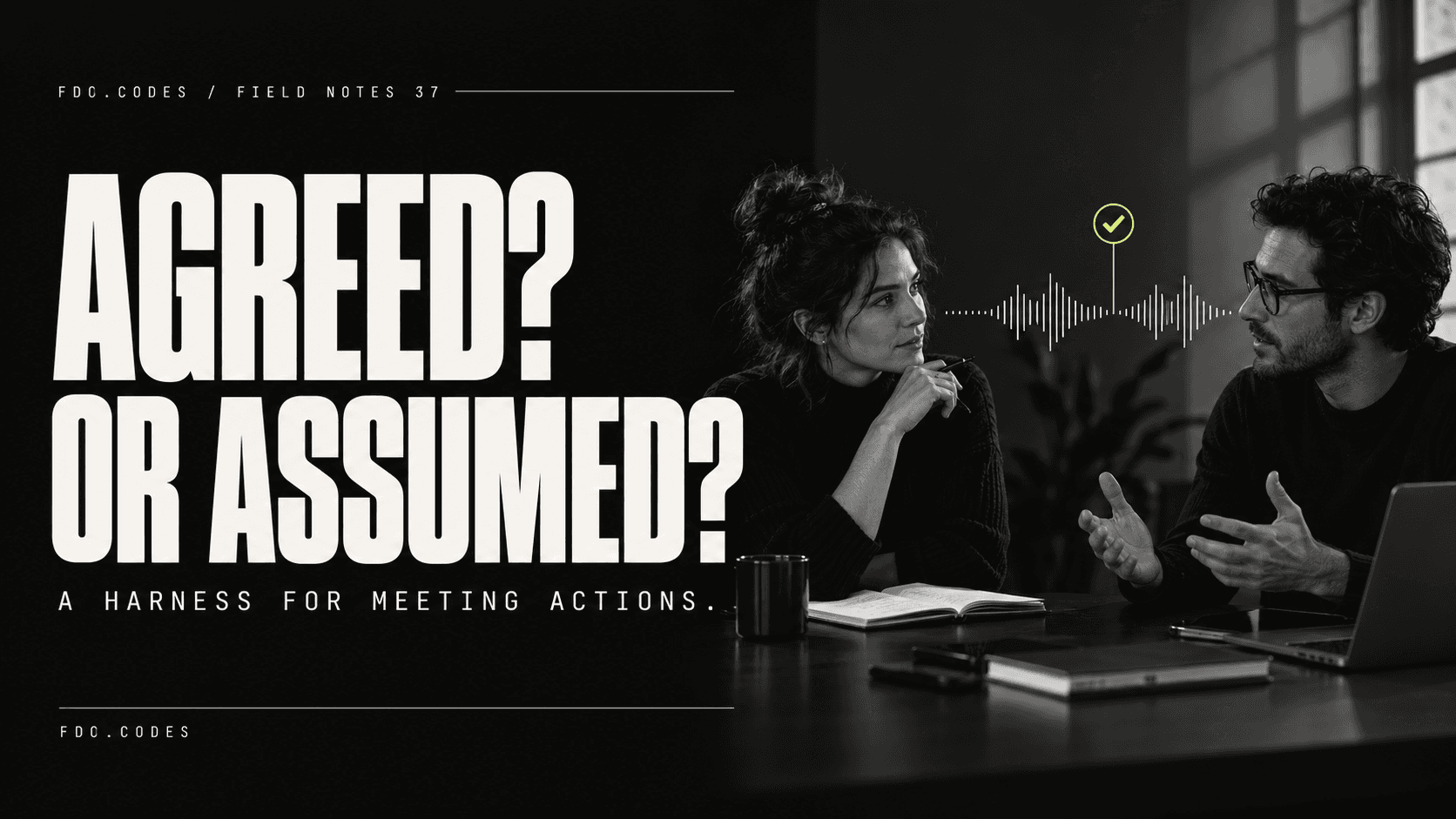FDO.CODES Field Notes 37: AGREED? OR ASSUMED? Two colleagues in conversation in black-and-white, a fine-line waveform and lime review marker.