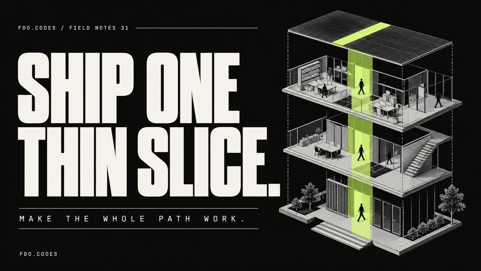 FDO.CODES Field Notes 31: SHIP ONE THIN SLICE. Isometric architecture cut into layers with one connected lime slice through the full structure.
