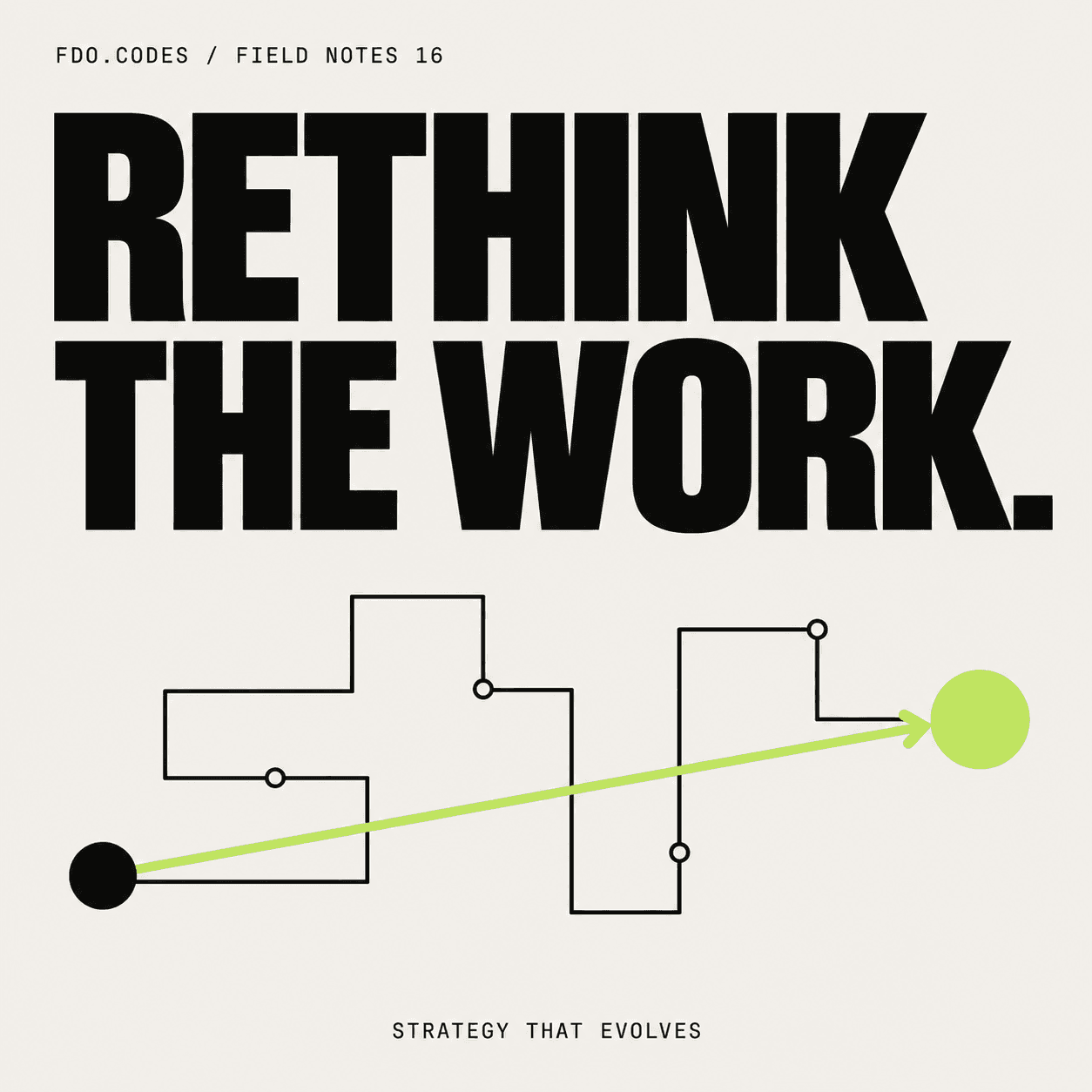 FDO.CODES Field Notes 16: Rethink the work. An angular process path and a shorter lime route on warm white.