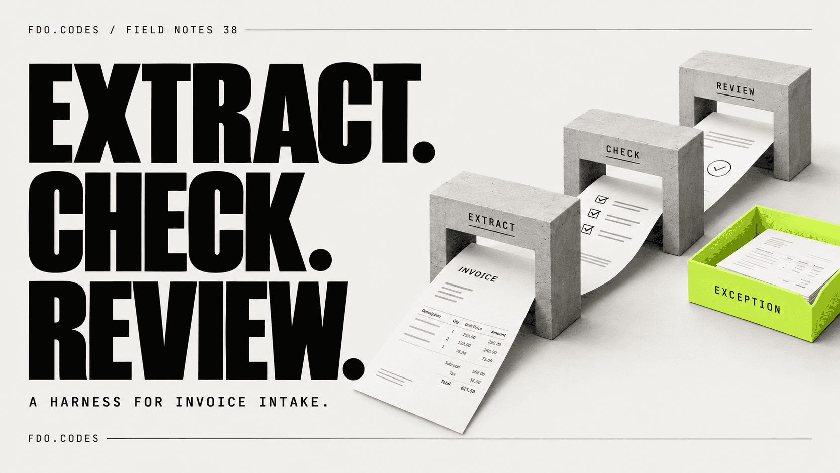 FDO.CODES Field Notes 38: EXTRACT. CHECK. REVIEW. A monochrome invoice passes through three architectural gates toward a lime exception tray.