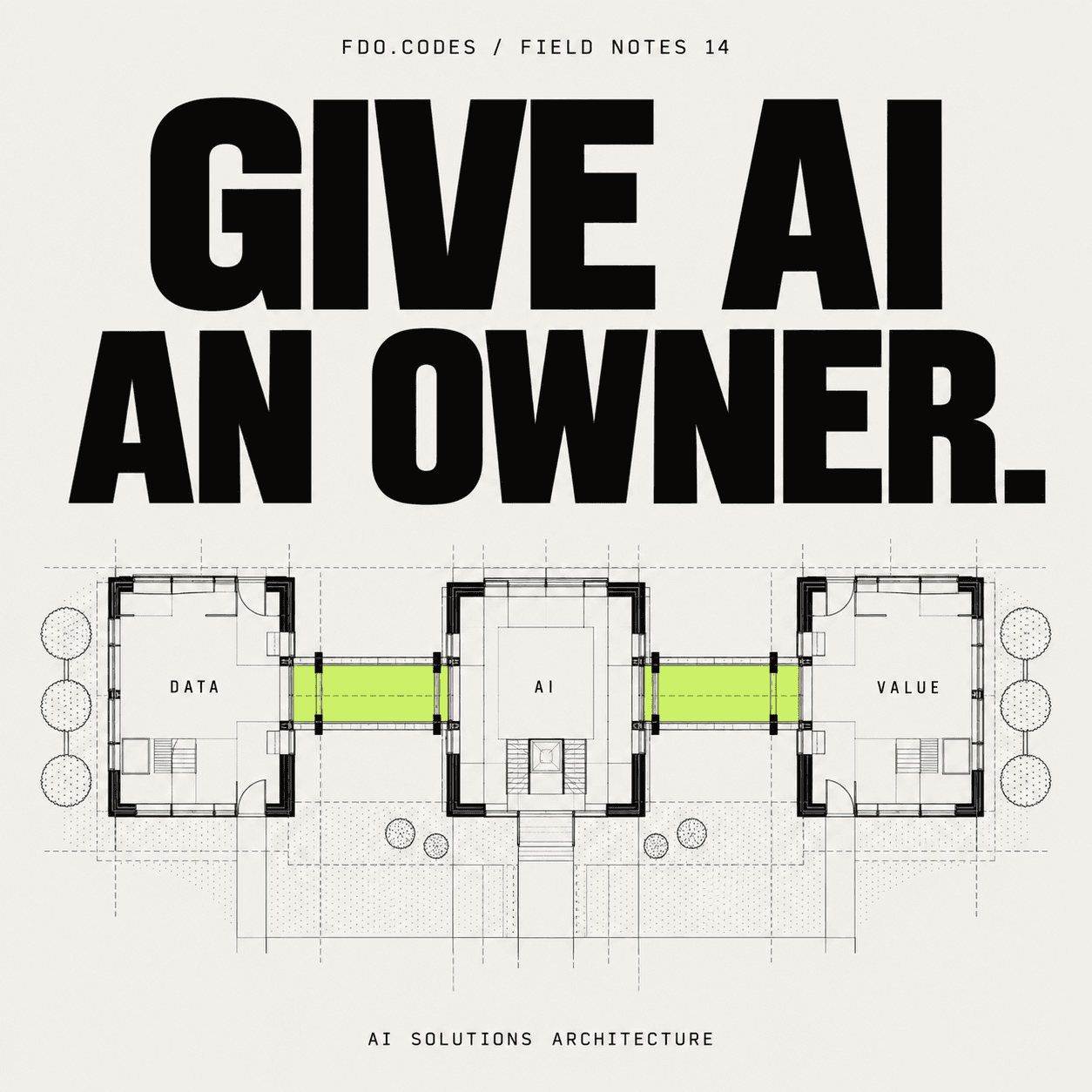 FDO.CODES Field Notes 14: Give AI an owner. Three architecture blocks connect through a lime bridge on warm white.