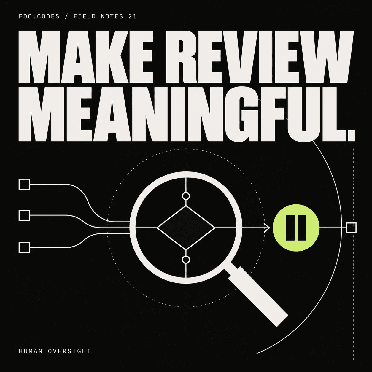 FDO.CODES Field Notes 21: Make review meaningful. A magnifying lens examines a decision node beside a lime pause symbol on black.