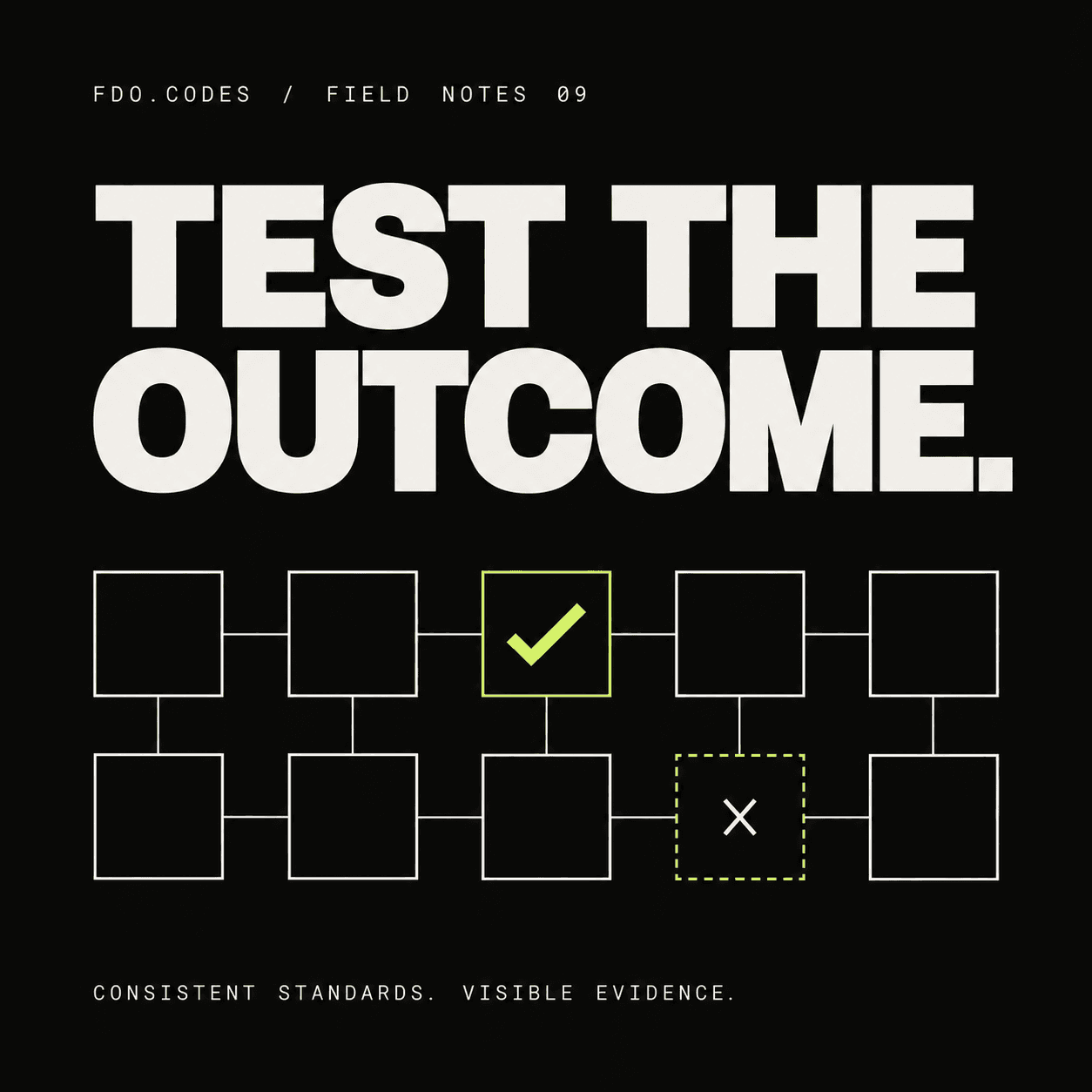 A branded evaluation illustration on a black background, titled Test the outcome.