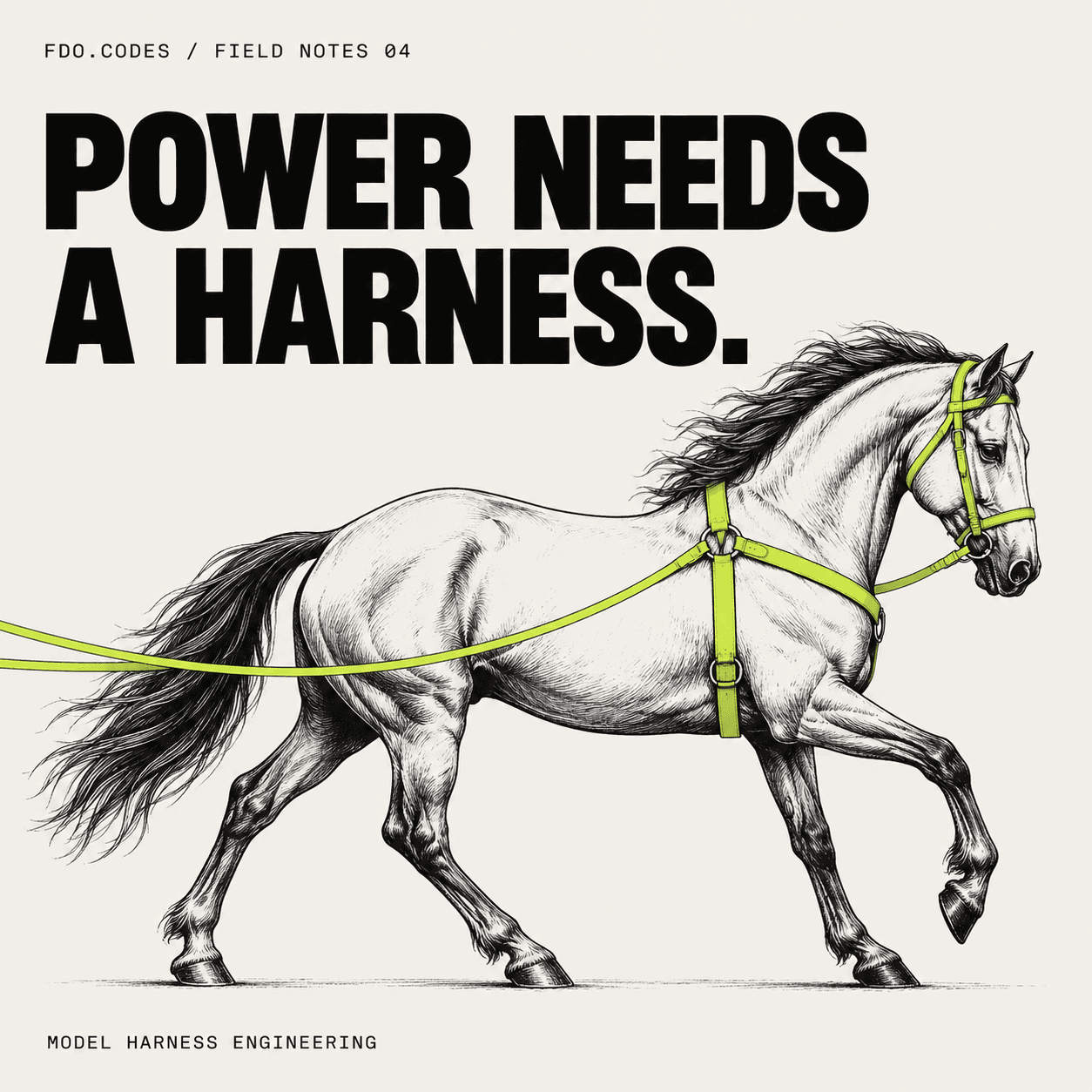 A horse wearing a lime harness on a warm-white background, titled Power needs a harness.
