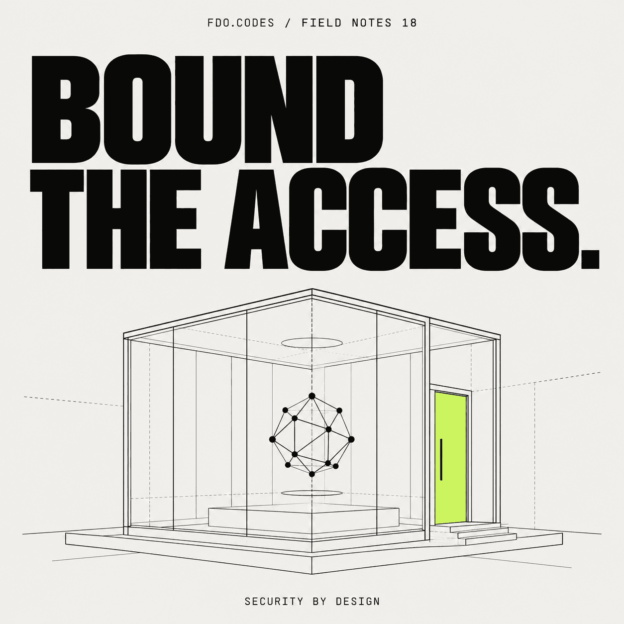FDO.CODES Field Notes 18: Bound the access. An AI node sits within a geometric enclosure with one lime doorway on warm white.