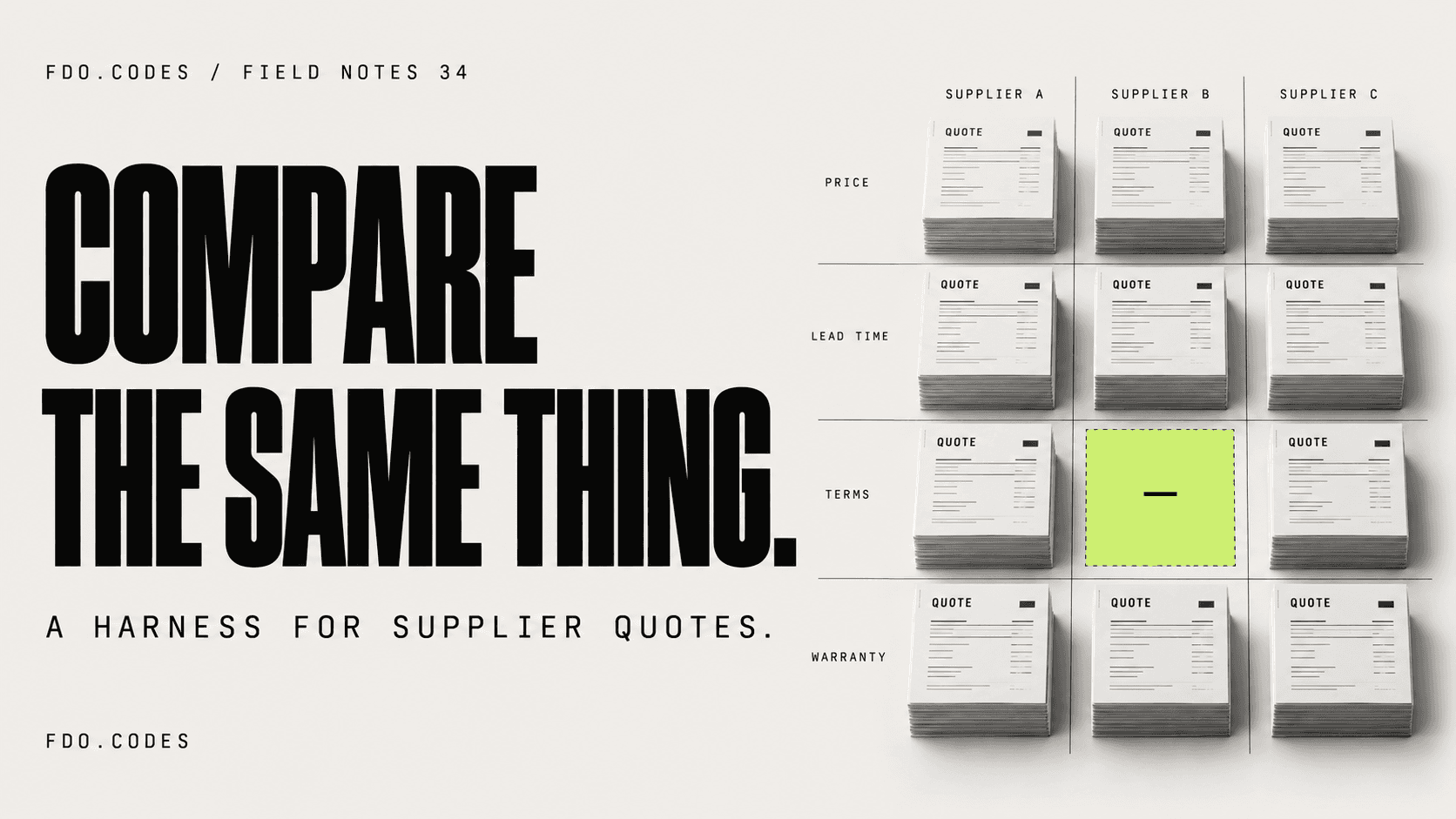 FDO.CODES Field Notes 34: COMPARE THE SAME THING. Monochrome quote stacks aligned to a comparison grid, one lime missing-data cell.