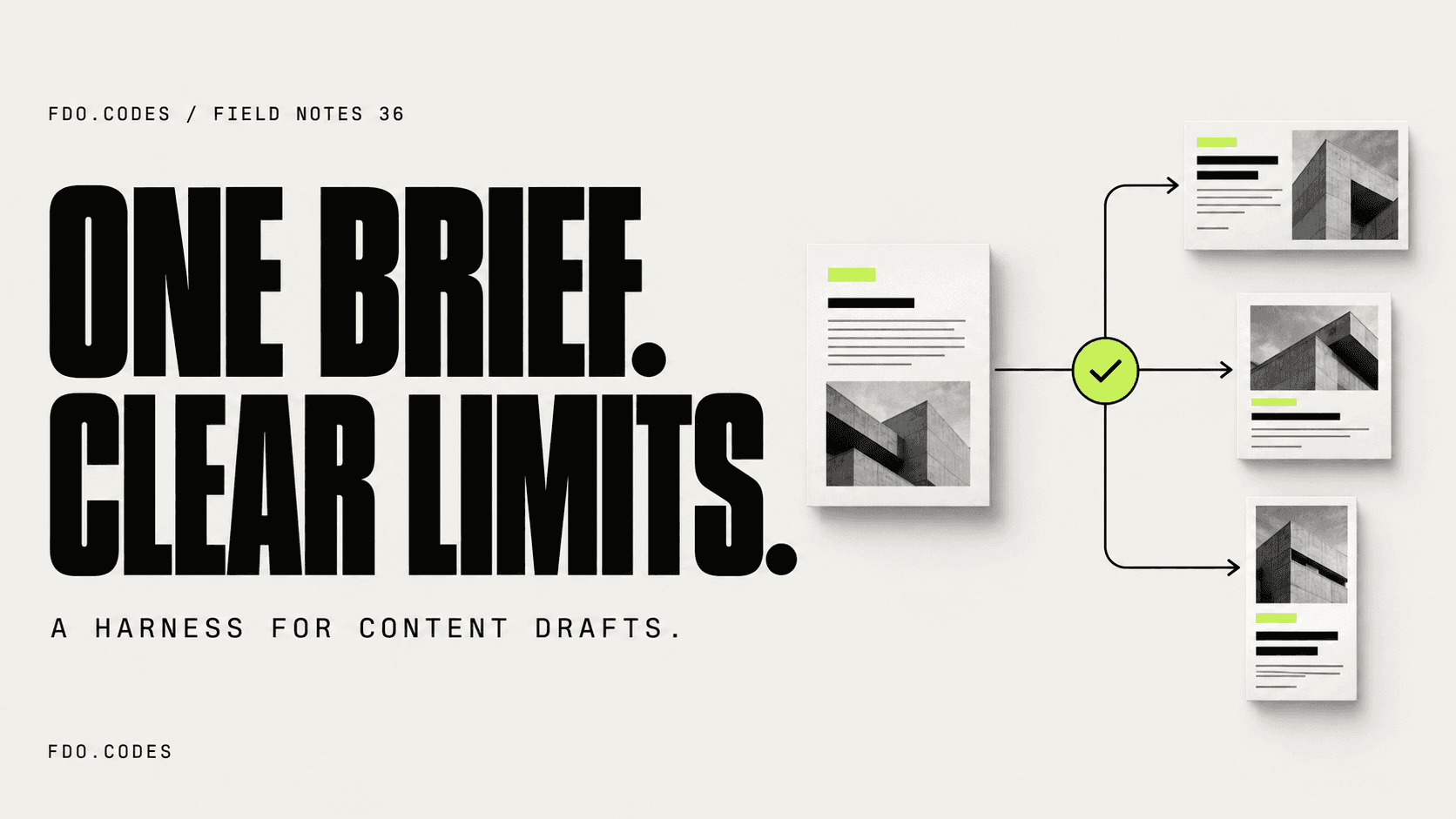 FDO.CODES Field Notes 36: ONE BRIEF. CLEAR LIMITS. One source page feeds three publication cards through a lime validation gate.
