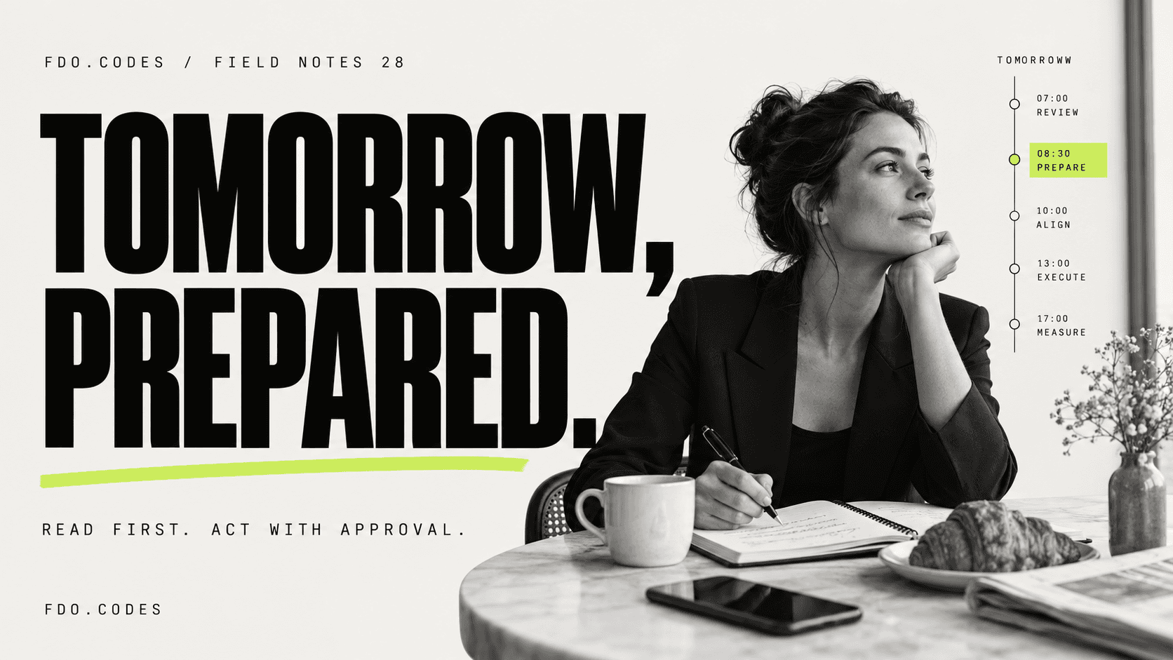 FDO.CODES Field Notes 28: TOMORROW, PREPARED. Black-and-white editorial photograph of a fictional professional at a breakfast table with notebook, a minimal next-day timeline with one lime preparation block; warm-white canvas.